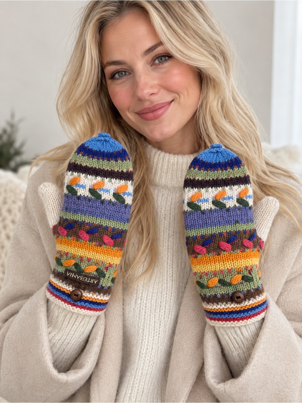 Artesianania Multicolor Knit Mittens and Glove Combo, Purple, Green, Accents